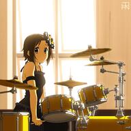 1girl armlet artist_logo backlighting black_dress blurry blurry_foreground brown_eyes brown_hair bysau bysau_ closed_mouth commentary day depth_of_field don't_say_lazy" dress drum drum_set drumsticks formal frown hair_ornament highres holding holding_drumsticks indoors instrument k-on! light_frown looking_at_viewer pov safe sensitive short_hair sitting solo spaghetti_strap tainaka_ritsu window" // 1500x1500 // 271.9KB