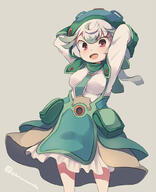 1girl arms_behind_head arms_up blue_headwear breasts brown_skirt d green_skirt grey_background grey_hair hat kuromiya looking_at_viewer made_in_abyss medium_breasts multicolored_hair one-hour_drawing_challenge prushka red_eyes shirt simple_background skirt smile solo twitter_username two-tone_hair white_hair white_shirt // 813x1000 // 422.0KB