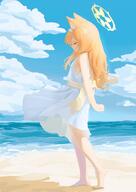 1girl 2d_art absurdres animal_ear_fluff animal_ears arms_behind_back beach blue_archive breasts chack520 closed_eyes clouds cloudy_sky dress from_side hairband halo highres holding_own_arm long_hair mari_(blue_archive) ocean orange_hair pixiv_112748611 pixiv_5766170 see-through_silhouette sideboob sky sleeveless sleeveless_dress small_breasts smile solo standing sundress white_dress white_hairband wind wind_lift yellow_halo 伊落マリー 桌子君 玛丽 碧蓝档案 // 2480x3508 // 2.7MB