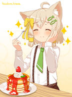 1girl ^_^ absurdres ahoge animal_ear_fluff animal_ears bangs blonde_hair blush bow brown_skirt buttons cat_ears cat_girl chewing closed_eyes closed_mouth clothing collared_shirt commentary_request cream eating eyes_closed female fish_hair_ornament food fork fruit gradient gradient_background green_necktie green_neckwear hair_bow hair_ornament hairclip hand_on_own_cheek hand_on_own_face hands_up happy hazakura_hinata high_resolution highres holding holding_fork long_sleeves mint necktie original pancake pancake_stack plaid plaid_skirt plate pouting raised_eyebrows safe school_uniform shiny shiny_hair shirt shirt_tucked_in short_hair sidelocks simple_background skirt smile solo sparkle split_mouth strawberry suspender_skirt suspenders syrup t table uniform useless_tags very_high_resolution white_shirt yellow_background yellow_bow // 2400x3200 // 4.4MB