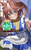 1girl absurdres animal_ears blue_eyes blue_kimono blush brown_hair clenched_teeth commentary commentary_request food general hair_between_eyes hair_ornament hair_ribbon highres holding holding_spoon horse_ears horse_girl horse_tail japanese_clothes kimono long_hair long_sleeves looking_at_viewer maid multicolored_hair ningen_mame pink_ribbon ponytail ribbon shaved_ice smile solo spoon streaked_hair tail teeth tokai_teio_(umamusume) uma_musume_pretty_derby umamusume wa_maid white_hair かき氷 にんげんまめ ウマ娘 ウマ娘プリティーダービー ウマ娘プリティーダービー1000users入り トウカイテイオー(ウマ娘) 和メイドテイオー 和装ウマ娘 和風メイド // 2506x4071 // 4.0MB