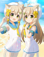 2girls absurdres ahoge animal_ear_fluff animal_ears artist_name bangs beach blue_sailor_collar blue_sky blush bow brown_hair cat_ears cat_girl cat_tail closed_mouth cloud clouds commentary_request cowboy_shot day dress dutch_angle female_focus fish_hair_ornament flat_chest general green_eyes hair_bow hair_ornament hairclip hand_on_own_chest hand_up happy hat hazakura_hinata heterochromia highres horizon long_hair looking_at_viewer multiple_girls neckerchief ocean open_mouth original outdoors pantyhose pleated_dress sailor_collar sailor_hat sand school_uniform see-through see-through_sleeves serafuku shiny shiny_hair short_dress short_hair short_sleeves siblings sidelocks signature sisters sky smile split_mouth standing tail twins v water white_dress white_headwear white_pantyhose yellow_bow yellow_eyes yellow_neckerchief // 2093x2724 // 4.6MB
