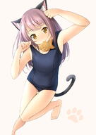 1girl 2d_art animal_ear_fluff animal_ears arm_up ass_visible_through_thighs bangs bare_arms bare_shoulders barefoot black_swimsuit blush brown_background brown_eyes brown_hair cat_ears cat_girl cat_tail closed_mouth commentary_request eyebrows_visible_through_hair food food_in_mouth gluteal_fold hand_up head_tilt highres lifted_by_self long_hair looking_at_viewer mouth_hold old_school_swimsuit one-piece_swimsuit original pixiv_24946865 pixiv_89693997 safe school_swimsuit shibacha shibacha_0728 simple_background smile solo standing standing_on_one_leg strap_lift swimsuit tail taiyaki thigh_gap very_long_hair wagashi にゃ。 柴茶(しばちゃ) // 1061x1500 // 416.1KB
