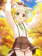 1girl absurdres ahoge animal_ear_fluff animal_ears arms_up artist_name autumn autumn_leaves bangs beret blue_sky blurry blurry_background blush bow brown_headwear brown_skirt buttons cat_ears cat_girl cat_tail cloud clouds collared_shirt commentary_request cowboy_shot day fang female_focus fish_hair_ornament flat_chest general green_eyes green_necktie hair_bow hair_ornament hairclip happy hat hazakura_hinata heterochromia highres holding holding_leaf leaf leaves long_sleeves looking_at_viewer miniskirt necktie open_mouth orange_background original outdoors plaid plaid_headwear plaid_skirt pleated_skirt school_uniform shiny shiny_hair shirt shirt_tucked_in sidelocks signature skin_fang skirt sky smile solo standing suspender_skirt suspenders tail thighs white_shirt yellow_bow yellow_eyes // 2804x3766 // 5.1MB