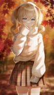1girl absurdres anime_girls autumn autumn_leaves barbara_(genshin_impact) barbara_pegg blonde blonde_hair blue_eyes blurry blush bokeh brown_skirt cardigan commentary_request cowboy_shot depth_of_field drill_hair general genshin_impact hand_up hat highres leaves long_hair long_sleeves looking_at_viewer nail_polish nasii outdoors oversized_clothes plaid plaid_skirt red_nails safe signature skirt sleeves_past_wrists standing stockings sweater thighhighs turtleneck turtleneck_sweater twin_drills twintails user_xtsy2537 white_cardigan white_headwear white_sweater zettai_ryouiki バーバラ(原神) マニキュア 原神 秋服 秋服のバーバラ // 1849x3237 // 6.9MB