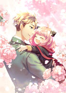 anya_forger blonde_hair carrying cherry_blossom clothing double_bun dress duo embracing female flower formal high_resolution holding_close horns hug loid_forger male one_eye_covered pink_hair pixiv pixiv_id_14437852 safe school_uniform short_hair side_view spy_x_family suit sunbeam sunlight uniform // 1447x2039 // 4.5MB