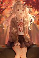 alternate_outfit autumn_leaves blonde_hair einzbern fanart fate_stay_night female forest from_pixiv illyasviel_von leaves long_hair long_sleeves nasii nature outdoors pixiv school_uniform skirt solo sunbeam sweater tree uniform // 978x1473 // 267.8KB