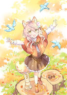1girl animal animal_ears autumn_leaves bird blue_flower blush boots brown_eyes brown_skirt capelet center_frills d fang flower frilled_skirt frilled_sleeves frills hair_between_eyes hair_flower hair_ornament long_sleeves original outstretched_arms pantyhose pink_flower pink_hair pleated_skirt rabbit red_capelet red_footwear shirt skirt smile solo squirrel tail tree_stump wataame27 white_pantyhose white_shirt wolf-chan_(wataame27) wolf_ears wolf_girl wolf_tail // 752x1062 // 705.1KB