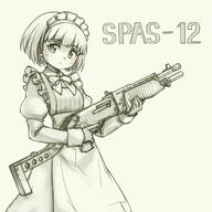 1_female 1girl apron bow bowtie closed_mouth eyebrows eyebrows_visible_through_hair female firearm frills grey_background greyscale gun high_resolution highres holding holding_gun holding_object holding_weapon juliet_sleeves long_sleeves maid maid_apron maid_headdress mature monochrome original pas_(paxiti) puffy_sleeves s safe short_hair shotgun simple_background solo spas-12 standing trigger_discipline weapon // 1240x1240 // 141.4KB