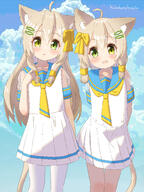 2girls absurdres ahoge animal_ear_fluff animal_ears arms_behind_back artist_name bangs blue_background blue_sailor_collar blue_sky blush bow brown_hair cat_ears cat_girl cat_tail clavicle clothing cloud clouds collarbone commentary_request day dress female female_focus fish_hair_ornament flat_chest general green_eyes hair_bow hair_ornament hairclip hand_on_chest hand_on_own_chest hand_up happy hazakura_hinata head_tilt heterochromia high_resolution highres large_filesize legwear long_hair looking_at_viewer multiple_girls neckerchief open_mouth original outdoors pantyhose pettanko pleated_dress safe sailor_collar school_uniform see-through see-through_sleeves serafuku shiny shiny_hair short_dress short_hair short_sleeves siblings sidelocks signature sister sisters sky smile standing straight-on tail twin twins uniform useless_tags very_high_resolution white_dress white_legwear white_pantyhose yellow_bow yellow_eyes yellow_neckerchief yellow_neckwear // 3000x4000 // 5.1MB