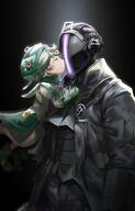 1boy 1girl bangs black_background black_gloves black_suit blush bondrewd closed_eyes coat cowboy_shot dark_background father_and_daughter formal from_side general gloves glowing green_headwear helm helmet highres isshiki_(1sshiki) jacket kiss kissing_cheek light_particles long_sleeves made_in_abyss overcoat prushka short_hair suit // 1457x2276 // 265.5KB