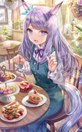 1girl animal_ears animal_tail anime-pictures.net anthropomorphization aqua_dress berry_(berries) blue_bow blue_dress blush bow brick_wall buttons cafe cake cake_slice cake_stand candle canele carrot chair cherry commentary cookie_(cookies) d dappled_sunlight dress ear_bow feet_out_of_frame female fingernails flower flower_(flowers) food fork frame_(object) fringe fruit girl glass hair_ornament hair_ribbon hanging_plant high_resolution highres holding holding_fork horse_ears horse_girl horse_tail indoors jar leaf leaf_(leaves) lens_flare lily_(flower) long_hair long_sleeves looking_at_viewer macaron mejiro_mcqueen_(uma_musume) mejiro_mcqueen_(umamusume) menu mille-feuille mousse_(food) neck_ribbon open_mouth picture picture_frame pinafore_dress pink_flower pink_rose plant plant_(plants) plate pot_(jar) potted_plant purple_eyes purple_hair purple_ribbon ribbon ribbon_(ribbons) room rose rose_(roses) s safe sankaku scone sensitive shirt silverware single sitting sitting_on_chair smile solo spoon strawberry strawberry_shortcake sunbeam sunlight sweets table tail tall tall_image tiered_tray torino_akua torino_aqua torinoaqua twitter uma_musume_-_pretty_derby uma_musume_pretty_derby umamusume vase vegetables violet_eyes white_flower white_lily white_shirt window wooden_chair wooden_table ウマ娘プリティーダービー // 1200x1937 // 1.5MB