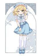 1girl blonde_hair blue_bow blue_bowtie blue_footwear blue_hairband blue_skirt blue_wristband blush blush_stickers bow bow_hairband bowtie center_frills closed_mouth commentary curly_hair dot_nose floral_background footwear_bow frilled_hairband frilled_legwear frilled_shirt_collar frilled_skirt frilled_thighhighs frills full_body general green_eyes hair_between_eyes hairband hand_on_own_thigh hand_up highres idolmaster idolmaster_cinderella_girls idolmaster_cinderella_girls_u149 leaning_forward one_eye_closed puffy_short_sleeves puffy_sleeves remiri_nicoeli rose_background safe sakurai_momoka shirt shirt_tucked_in short_hair short_sleeves simple_background skirt smile standing symbol-only_commentary thigh-highs thighhighs white_background white_shirt white_thighhighs // 1536x2048 // 241.4KB