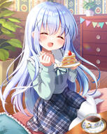 1girl ^_^ bangs birthday blue_hair blush cake carpet closed_eyes commentary_request cup d facing_viewer food fork frilled_shirt_collar frills general gochuumon_wa_usagi_desu_ka? hair_ornament happy highres holding holding_fork indoors kafuu_chino light_blue_hair long_hair long_sleeves mozukun43 on_floor open_mouth pantyhose pillow plaid plaid_skirt plant plate potted_plant signature sitting skirt smile solo steam strawberry_shortcake teacup white_pantyhose x_hair_ornament yokozuwari // 1135x1420 // 954.7KB