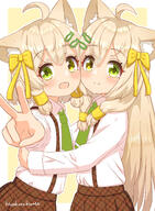 2girls absurdres ahoge animal_ear_fluff animal_ears arm_up bangs blonde_hair blush border bow brown_skirt cat_ears cat_girl cheek-to-cheek closed_mouth collared_shirt commentary_request fang female_focus fish_hair_ornament flat_chest from_side general green_eyes green_necktie hair_bow hair_ornament hairclip happy hazakura_hinata heads_together heterochromia highres hug long_hair long_sleeves looking_at_viewer multiple_girls necktie open_mouth original outline outside_border outstretched_arm plaid plaid_skirt pleated_skirt school_uniform shiny shiny_hair shirt shirt_tucked_in short_hair siblings sidelocks simple_background sisters skin_fang skirt smile split_mouth standing suspender_skirt suspenders twins upper_body v white_border white_outline white_shirt yellow_background yellow_bow yellow_eyes // 2352x3209 // 4.1MB