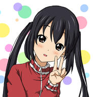 1girl black_hair blush general head_tilt jacket k-on! long_hair looking_at_viewer maabe nakano_azusa open_mouth solo track_jacket track_suit twintails v // 702x738 // 251.5KB