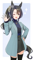 1girl alternate_costume animal_ears belt black_belt black_skirt black_thighhighs blue_coat blue_sweater border coat commentary_request cowboy_shot ear_ornament green_eyes hair_between_eyes hand_on_own_hip highres horse_ears horse_girl horse_tail jewelry light_blue_background long_sleeves multicolored_hair necklace one_eye_closed open_clothes open_coat open_mouth ponytail satono_crown satono_crown_(umamusume) shiromaru_illust simple_background skirt smile solo sparkle streaked_hair sweater tail thigh-highs turtleneck turtleneck_sweater umamusume white_border white_hair // 731x1300 // 374.7KB