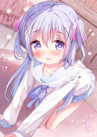 1girl all_fours bangs blue_eyes blue_hair blue_sailor_collar blue_skirt blurry blurry_background blush bow chinomaron commentary_request d depth_of_field dutch_angle general gochuumon_wa_usagi_desu_ka? hair_between_eyes hair_bow hair_ornament heart heart-shaped_pupils highres indoors kafuu_chino long_hair long_sleeves looking_at_viewer open_mouth pink_bow pleated_skirt sailor_collar school_uniform serafuku shirt signature skirt sleeves_past_wrists smile solo symbol-shaped_pupils twitter_username two_side_up very_long_hair white_shirt x_hair_ornament // 1060x1500 // 1.4MB