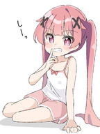1girl bangs bare_arms bare_shoulders blush_stickers bow camisole collarbone commentary_request finger_to_mouth full_body grin hair_ornament highres kapuru_0410 long_hair pink_hair pink_shorts purple_eyes red_bow sensitive shadow short_shorts shorts shushing simple_background smile solo tanemura_koyori twintails very_long_hair watashi_ni_tenshi_ga_maiorita! white_background white_camisole x_hair_ornament // 1500x2000 // 596.0KB