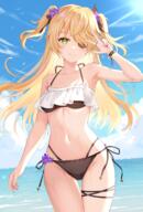 1girl bikini black_bikini blonde_hair breasts eyepatch fischl fischl_(genshin_impact) flower garter genshin_impact green_eyes hair_flower hair_ornament hair_ribbon highres horizon long_hair nasii navel ribbon safe see_through sensitive sky small_breasts smile solo stomach swimsuit swimsuits twintails two_side_up water // 1192x1754 // 2.4MB