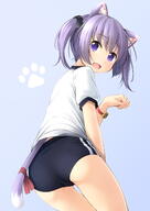 1girl animal_ear_fluff animal_ears ass bad_id bad_pixiv_id bangs bell black_bow black_buruma blue_background blush bow buruma cat_ears cat_girl cat_tail commentary_request d dated_commentary ears eyebrows eyebrows_visible_through_hair fang female gym_shirt gym_uniform hair_between_eyes hair_bow hand_up highres jingle_bell looking_at_viewer looking_back open_mouth original paw_pose photoshop_(medium) pov puffy_short_sleeves puffy_sleeves purple_eyes purple_hair red_ribbon ribbon safe sensitive shibacha shirt short_sleeves sidelocks simple_background smile solo tail tail_ornament tail_ribbon tied_hair twintails uniform violet_eyes white_shirt // 1063x1500 // 411.3KB