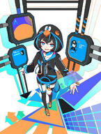 1girl animal_hood arch_linux arrow_(symbol) bird black_hair black_jacket black_shorts black_thighhighs blue_eyes blue_hair collarbone commentary commission crossed_bangs from_above full_body garter_straps general hair_between_eyes highres hologram holographic_interface hood hood_up hooded_jacket ideolo jacket linux logo long_sleeves looking_at_viewer multicolored_hair open_mouth orange_footwear os-tan pac-man_(game) penguin personification pixel_art pixiv_commission puffy_long_sleeves puffy_sleeves sharp_teeth short_hair short_shorts shorts solo square standing streaked_hair teeth thigh-highs thigh_strap thighhighs two-tone_hair // 1200x1586 // 1.1MB