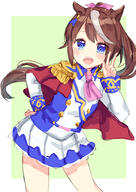 1girl absurdres animal_ears ascot bangs blue_eyes blue_sky blurry blurry_background brown_hair clouds d day depth_of_field epaulettes eyebrows_visible_through_hair hair_between_eyes hair_ribbon hand_on_hip hand_up high_ponytail highres horse_ears horse_girl horse_tail jacket looking_at_viewer multicolored_hair outdoors pink_neckwear pink_ribbon pleated_skirt pomuri_(120cm) ponytail ribbon single_epaulette skirt sky smile solo streaked_hair tail tokai_teio umamusume white_hair white_jacket white_skirt // 1447x2047 // 1.4MB