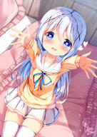 1girl arms_up bangs blue_eyes blue_hair blue_ribbon blurry blurry_background blush chinomaron commentary_request d depth_of_field frilled_pillow frills general gochuumon_wa_usagi_desu_ka? hair_between_eyes hair_ornament heart heart-shaped_pupils highres indoors kafuu_chino long_sleeves looking_at_viewer neck_ribbon on_bed open_mouth pillow pleated_skirt reaching_towards_viewer ribbon sailor_collar school_uniform serafuku sitting skirt smile solo sweater symbol-shaped_pupils thighhighs white_sailor_collar white_skirt white_thighhighs x_hair_ornament yellow_sweater // 1061x1500 // 1.4MB