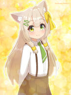 1girl absurdres ahoge animal_ear_fluff animal_ears arms_behind_back artist_name bangs blush bow brown_hair brown_skirt cat_ears cat_girl closed_mouth collared_shirt commentary_request female_focus fish_hair_ornament flat_chest general green_eyes green_necktie hair_bow hair_ornament hairclip happy hazakura_hinata heterochromia highres long_hair long_sleeves looking_at_viewer necktie orange_background original pleated_skirt school_uniform shiny shiny_hair shirt shirt_tucked_in sidelocks signature skirt smile solo split_mouth standing suspender_skirt suspenders white_shirt yellow_bow yellow_eyes // 1938x2575 // 4.7MB