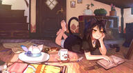 1_female 1girl 3 animal_ears animal_tail bare_legs barefoot bell bell_collar black_hair black_shirt bonsai book bookmark bookshelf bowl brown_eyes cactus cat_ears cat_tail catgirl catperson checkerboard_cookie clothes_removed coaster coffee_mug collar colored_pencil compass_(instrument) cookie cup drawer ears eraser feet female flower flower_pot folded_clothes food globe hat_flower hat_removed hat_ribbon hat_with_ears head_rest headwear_removed indoors jingle_bell kemono kento1202 key legs legwear lying map mature mimitoke mug neck_bell on_stomach open_book original pencil picture_frame plant potted_plant print_mug reading ribbon ruler sachimaa safe shirt short_hair shorts smile socks socks_removed soles solo stairs suitcase t-shirt tail toes wide_shot wooden_floor // 3000x1664 // 2.6MB
