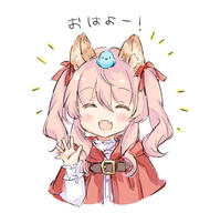 1girl ^_^ animal animal_ear_fluff animal_ears animal_on_head bangs bird blush bow capelet closed_eyes commentary_request d facing_viewer fang frilled_sleeves frills hair_between_eyes hair_bow hood hood_down hooded_capelet long_sleeves lowres on_head original pink_hair red_bow red_capelet shirt simple_background smile solo translation_request twintails upper_body wataame27 white_background white_shirt wolf-chan_(wataame27) wolf_ears // 422x426 // 95.8KB