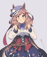 1girl animal_ears bare_shoulders blue_bow blue_headwear blue_skirt bow breasts brown_hair cabbie_hat clenched_hands closed_mouth clothing_cutout collared_shirt dress_shirt ears_through_headwear grey_background hair_ornament hairclip hands_up hat horse_ears kuromiya long_hair long_sleeves looking_at_viewer matikane_tannhauser_(umamusume) medium_breasts one-hour_drawing_challenge puffy_long_sleeves puffy_sleeves shirt shoulder_cutout simple_background skirt smile solo swept_bangs tilted_headwear twitter_username umamusume white_shirt yellow_eyes // 841x1000 // 473.4KB