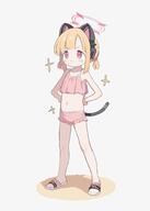 1girl absurdres adult alternate_costume animal_ear_headphones animal_ears atat250 bangs blonde_hair blue_archive blunt_bangs blush_stickers bow camisole cat_ear_headphones cat_ears cat_tail closed_mouth collarbone fake_animal_ears fake_tail female_focus flat_chest full_body hair_bow halo hands_on_own_hips headphones highres loli momoi_(blue_archive) navel pink_bloomers pink_camisole pink_eyes pink_halo red_bow safe sensitive short_hair simple_background slippers solo standing stomach tail twin_tails twintails underwear underwear_only white_background // 2174x3041 // 224.3KB