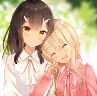 2girls ^_^ alternate_outfit bad_id bad_pixiv_id bangs black_hair blonde_hair blurry blurry_background blush bow brown_eyes closed_eyes collared_shirt commentary commentary_request d depth_of_field dress dress_shirt duo eyebrows_visible_through_hair eyes_closed fanart fanart_from fatekaleid_liner_prisma_illya fate_(series) fate_kaleid_liner_prisma_illya fate_kaleid_liner_prisma_☆_illya fate_stay_night female fgo hair_ornament hairclip hand_up head_on_another's_shoulder head_tilt highres illyasviel_von_einzbern locked_arms lolibooru long_hair long_sleeves looking_at_viewer medium_hair miyu_edelfelt multiple_girls nasii neck_ribbon open-mouth_smile open_mouth pink_ribbon pink_shirt pixiv puffy_long_sleeves puffy_sleeves ribbon s safe sankaku sankaku_channel sensitive shirt sleeves_past_wrists smile sunbeam two_girls upper_body user_xtsy2537 v v_gesture white_bow white_shirt イリみゆ イリヤスフィール(プリズマ☆イリヤ) イリヤスフィール・フォン・アインツベルン イリ美遊尊い プリズマ☆イリヤ 美遊・エーデルフェルト // 1222x1211 // 2.1MB
