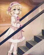1girl ankle_boots blonde_hair blurry blurry_background blush boots bow bowtie closed_mouth dot_nose dress escalator flat_chest flower from_side full_body fur-trimmed_dress fur-trimmed_footwear fur_trim gloves green_eyes hair_flower hair_ornament headdress highres idolmaster idolmaster_cinderella_girls idolmaster_cinderella_girls_starlight_stage long_sleeves looking_at_viewer pantyhose pink_bow pink_bowtie pink_dress pink_footwear pink_gloves pink_headwear remiri_nicoeli rose sakurai_momoka short_hair solo standing wavy_hair white_flower white_pantyhose white_rose // 1417x1772 // 255.6KB