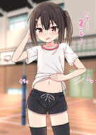 1girl arm_up black_hair black_legwear black_shorts black_thighhighs blurry blurry_background blush clothes_lift collarbone commentary_request dolphin_shorts flat_chest general gym_uniform hair_between_eyes hair_ornament hairclip highres lifted_by_self looking_at_viewer navel one_side_up open_mouth original red_eyes safe shirt shirt_lift short_hair short_shorts short_sleeves shorts solo thighhighs translation_request white_shirt // 1158x1637 // 426.3KB