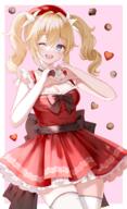 1girl alternate_costume alternative_costume back_bow bangs barbara_(genshin_impact) barbara_pegg belt blonde_hair blue_eyes blush border bow bowtie breasts brown_belt brown_bow brown_bowtie candy chocolate chocolate_heart clothing commentary curls dress eyelashes fanart fanart_from_pixiv female food frills genshin genshin_impact hair_between_eyes hair_ornament hands_up hat headwear heart heart-shaped_chocolate heart_gesture heart_hands high_resolution highres impact legwear long_hair looking_at_viewer mandarin_collar medium_breasts nasii one_eye_closed open_mouth outside_border pink_background pixiv questionable red_dress red_headwear sensitive simple_background sleeveless sleeveless_dress smile solo standing teeth thigh_highs thighhighs tied_hair tongue twin_tails twintails valentines white_border white_legwear white_thighhighs wink zettai_ryouiki // 1200x1976 // 2.6MB