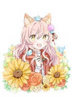 1girl animal animal_ear_fluff animal_ears animal_on_head bird bird_on_head blue_flower brown_eyes capelet center_frills commentary_request d flower frills hair_between_eyes hair_flower hair_ornament hair_ribbon hand_up hood hood_down hooded_capelet long_sleeves on_head original pink_flower pink_hair red_capelet red_flower red_ribbon red_rose ribbon rose shirt simple_background sleeves_past_wrists smile solo sunflower upper_body wataame27 white_background white_shirt wolf-chan_(wataame27) wolf_ears yellow_flower // 627x840 // 357.4KB