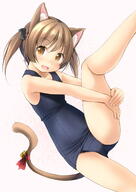 1_female 1girl animal_ears animal_tail ass ass_visible_through_thighs bell black_ribbon blue_swimsuit brown_eyes brown_hair cat_ears cat_tail cowboy_shot ears female general hair_ribbon high_resolution highres jingle_bell leg_up looking_at_viewer old_school_swimsuit original photoshop_(medium) raised_leg ribbon safe school_swimsuit shibacha short_hair simple_background sitting smile solo swimsuit swimwear tail tail_bell thighs tied_hair twintails white_background // 1063x1500 // 502.3KB