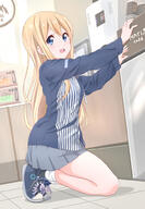 1girl bad_id bad_pixiv_id blonde_hair blue_eyes commentary_request convenience_store dresstrip employee_uniform general indoors k-on! kneeling kotobuki_tsumugi lawson long_hair long_sleeves looking_at_viewer open_mouth pleated_skirt shirt shoes shop skirt smile solo uniform // 694x1000 // 579.5KB