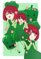 1girl @_@ absurdres aged_down arima_kana blunt_bangs blush bob_cut chinese_commentary commentary_request dress food-themed_hat general green_dress green_pepper highres long_sleeves multiple_views oshi_no_ko red_eyes red_hair redhead short_hair smile turtleneck xiang_yu_pai // 2480x3508 // 922.3KB
