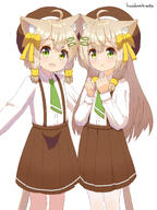 2girls absurdres ahoge animal_ear_fluff animal_ears artist_name bangs beret blush bow brown_hair brown_headwear brown_skirt cat_ears cat_girl cat_tail clenched_hands collared_shirt commentary_request female_focus fish_hair_ornament flat_chest general green_eyes green_necktie hair_bow hair_ornament hairclip hands_up happy hat hazakura_hinata heterochromia highres long_hair long_sleeves looking_at_viewer miniskirt multiple_girls necktie open_mouth original pantyhose pleated_skirt school_uniform shiny shiny_hair shirt shirt_tucked_in siblings sidelocks signature simple_background sisters skirt smile standing suspender_skirt suspenders tail twins white_background white_pantyhose white_shirt yellow_bow yellow_eyes // 2879x3840 // 6.0MB