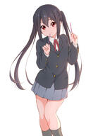 1girl black_hair closed_mouth commentary_request dated dresstrip food general grey_skirt happy_birthday holding holding_food holding_pocky k-on! looking_at_viewer nakano_azusa pocky red_eyes sakuragaoka_high_school_uniform school_uniform skirt smile solo straight-on twintails white_background winter_uniform // 674x1000 // 334.6KB
