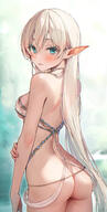 1girl aqua_eyes ass bare_arms belly_chain blue_eyes blush bottomless breasts commentary_request cowboy_shot elf hair_between_eyes highres jewelry long_hair looking_at_viewer looking_back medium_breasts no_bra original parted_lips pointy_ears questionable revealing_clothes see_through sideboob solo standing tomozero very_long_hair white_hair // 1000x1989 // 1.7MB