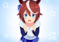 1girl animal_ears bangs blue_background blue_eyes blue_shirt blue_skirt brown_hair clenched_hands collarbone commentary_request derivative_work eyebrows_visible_through_hair gradient gradient_background hair_between_eyes hands_up horse_ears long_sleeves looking_at_viewer multicolored_hair open_mouth pleated_skirt safe shirt short_over_long_sleeves short_sleeves skirt solo star_(symbol) starry_background streaked_hair tokai_teio tokai_teio_(umamusume) umamusume upper_teeth v-shaped_eyebrows white_background white_hair yutsuki_warabi // 1414x1000 // 644.4KB