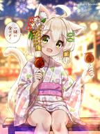 1girl aerial_fireworks ahoge animal_ear_fluff animal_ears blonde_hair blurry blurry_background candy_apple cat_ears cat_girl cat_tail commentary_request d depth_of_field feet_out_of_frame fireworks fish_hair_ornament floral_print food green_eyes hair_between_eyes hair_ornament hazakura_hinata heterochromia highres holding holding_food japanese_clothes kimono long_sleeves looking_at_viewer night night_sky obi on_bench original outdoors print_kimono sash sitting sky smile solo tail translation_request white_kimono wide_sleeves yellow_eyes // 1536x2048 // 522.0KB