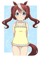1girl animal_ears animal_tail arms_behind_back blue_background blue_eyes border brown_hair child closed_mouth commentary ears eyebrows eyebrows_visible_through_hair female frilled_swimsuit frills general highres horse_ears horse_girl horse_tail kumaji_(kumazidayo) lolibooru lolibooru.moe long_hair looking_at_viewer multicolored_hair multicoloured_hair one-piece_swimsuit outline outside_border safe silver_hair smile solo standing streaked_hair swimsuit swimwear tail thigh_gap tokai_teio tokai_teio_(umamusume) twin_tails twintails two-tone_hair umamusume white_outline yellow_swimsuit younger // 1668x2388 // 1.3MB