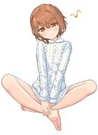 1girl aran_sweater bare_legs barefoot blush brown_eyes brown_hair cable_knit commentary dress feet full_body general hair_between_eyes hands_on_lap head_tilt highres indian_style kinuhata_saiai kuronoya50 legs light_blush light_smile long_sleeves looking_at_viewer messy_hair musical_note on_ground own_hands_together sensitive short_dress short_hair simple_background sitting smile solo spoken_musical_note sweater sweater_dress thick_eyebrows toaru_kagaku_no_railgun toaru_majutsu_no_index toes v_arms white_background white_dress white_sweater // 1010x1390 // 120.6KB