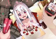 1boy 1girl bare_shoulders blush breasts cake candle cellphone collarbone cup dress fate_(series) fate_stay_night food heracles_(fate) highres illyasviel_von_einzbern long_hair open_mouth party_popper pei_iriya phone red_eyes sidelocks small_breasts smile solo_focus tiara translation_request white_dress white_hair // 2048x1446 // 312.6KB