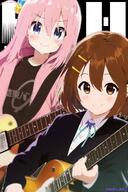 2girls bad_id bad_twitter_id black_jacket black_shirt blazer blue_eyes blue_ribbon blush bocchi_the_rock! brown_eyes brown_hair closed_mouth collared_shirt commentary_request crossover cube_hair_ornament electric_guitar general genre_connection gotoh_hitori gotou_hitori guitar hair_between_eyes hair_ornament hair_over_eyes hairclip highres hirasawa_yui holding holding_instrument inactive_account instrument jacket k-on! long_hair long_sleeves looking_at_viewer multiple_girls music neck_ribbon one_side_up pink_hair pink_jacket playing_instrument ribbon sakuragaoka_high_school_uniform school_uniform shirt short_hair smile soutou t-shirt track_jacket twitter_username upper_body watermark white_shirt winter_uniform // 800x1200 // 152.9KB